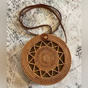 Woven Ratan Straw Canteen Crossbody Purse Boho Beachy Coastal Bag
